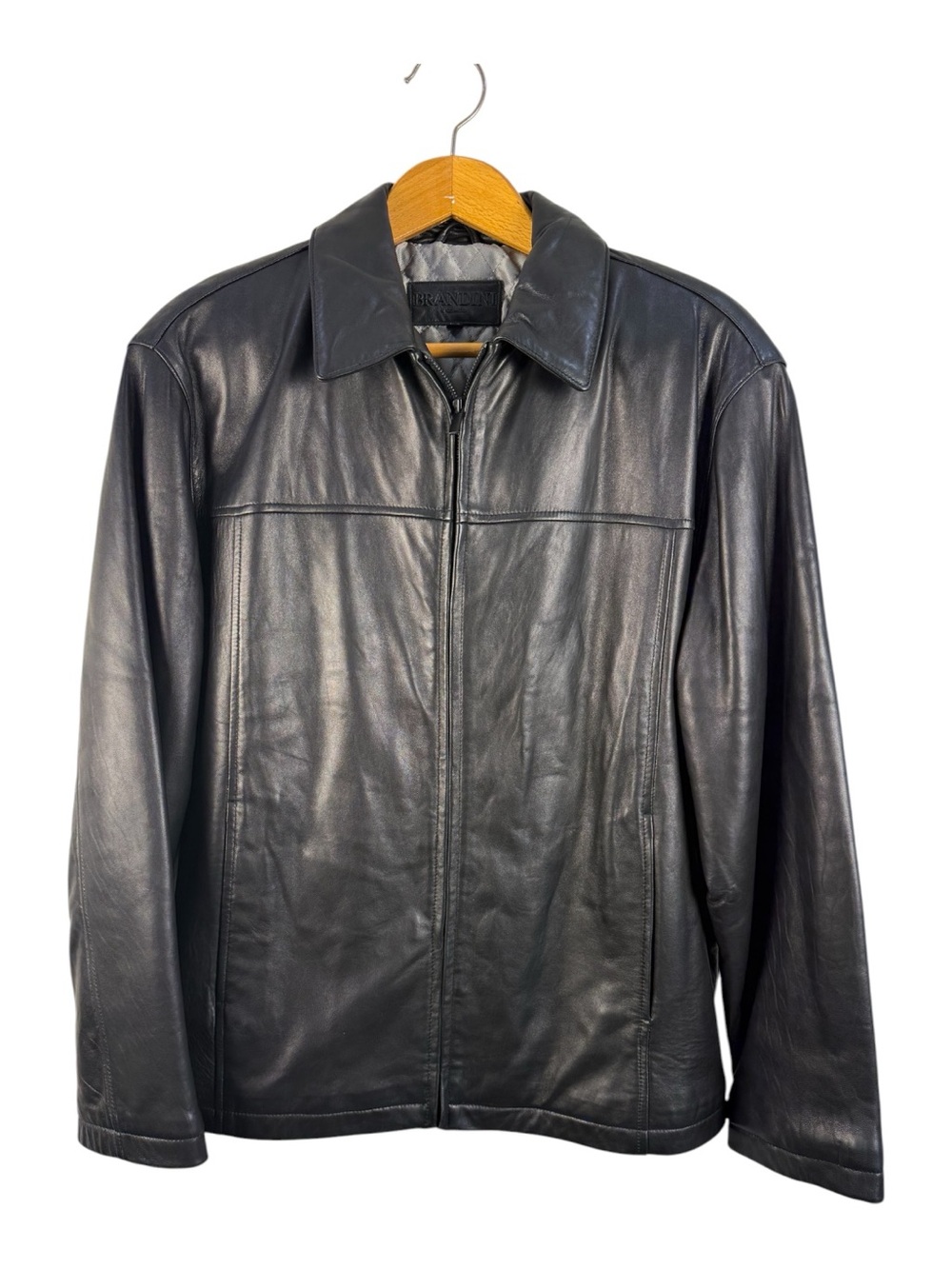 Brandini Men's Black Lamb Leather Jacket L Full Zip Quilted Lined Point Collar
